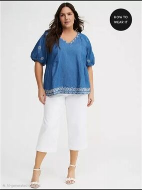 torrid Blue Embroidered V-Neck Peasant Top